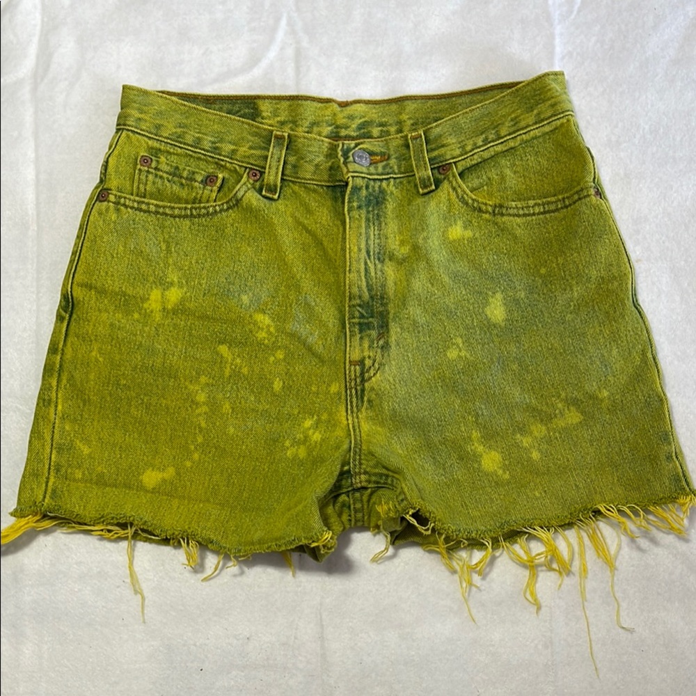 Levis Cut Off 29 Denim Shorts Dyed Lime Green Yellow Raw Hem Bleach Festival